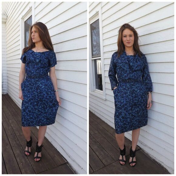 60s Blue Print Cocktail Dress with Jacket M S Vintage 1960s - Picture 6 of 9